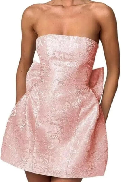 Strapless Ruched Satin SHort Party Dress Backless Jacquard Homecoming Dress with Bow