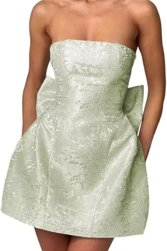 Strapless Ruched Satin SHort Party Dress Backless Jacquard Homecoming Dress with Bow