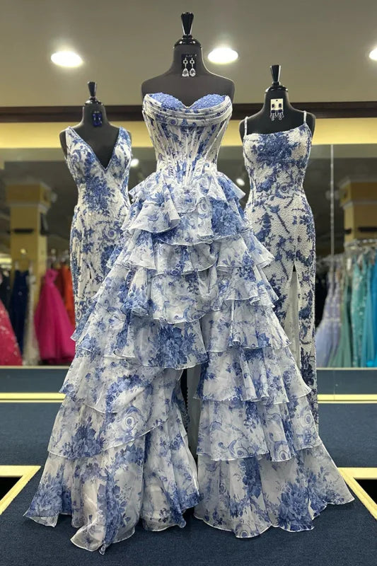 Strapless Corset Ruffles Floral Chiffon A-Line Long Prom Dresses with Front Split