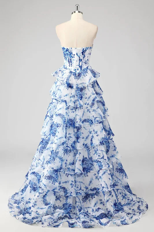Strapless Corset Ruffles Floral Chiffon A-Line Long Prom Dresses with Front Split