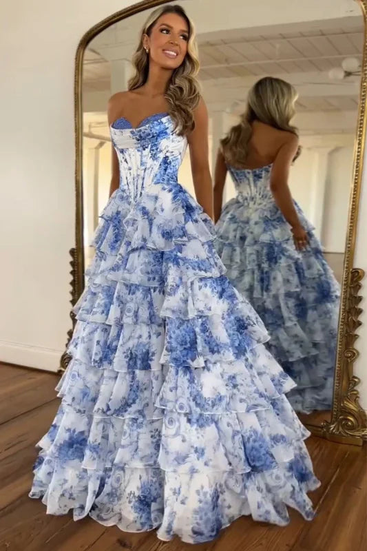 Strapless Corset Ruffles Floral Chiffon A-Line Long Prom Dresses with Front Split