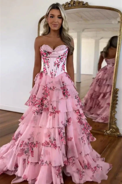 Strapless Corset Ruffles Floral Chiffon A-Line Long Prom Dresses with Front Split