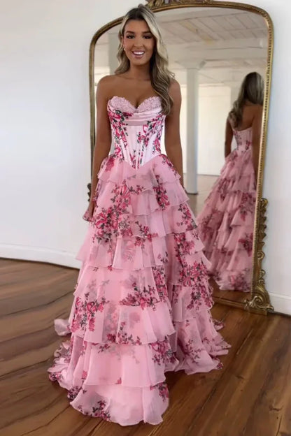 Strapless Corset Ruffles Floral Chiffon A-Line Long Prom Dresses with Front Split