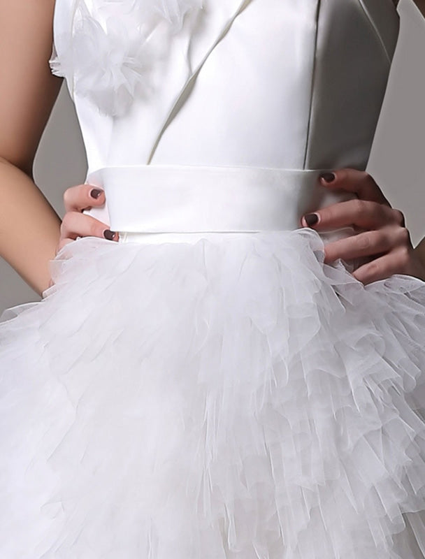 Strapless Sweatheart Satin Short Bridal Gown With Tulle Tired Skirt