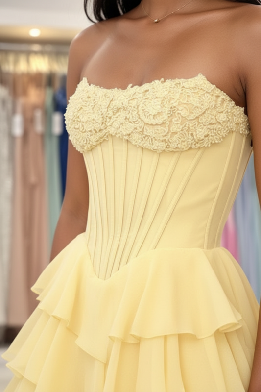 Strapless Sweetheart Corset Aline Evening Dress Chiffon Side Split Prom Dress