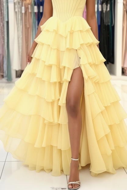 Strapless Sweetheart Corset Aline Evening Dress Chiffon Side Split Prom Dress