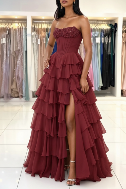 Strapless Sweetheart Corset Aline Evening Dress Chiffon Side Split Prom Dress