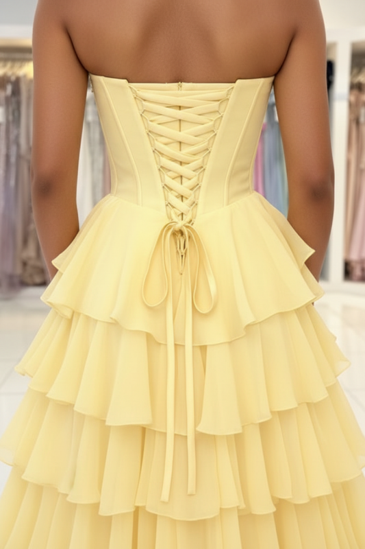 Strapless Sweetheart Corset Aline Evening Dress Chiffon Side Split Prom Dress