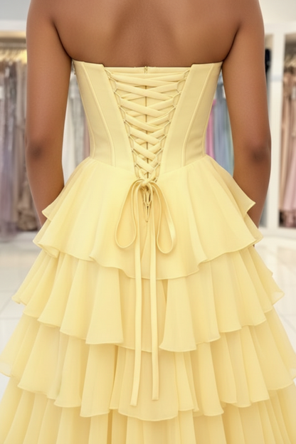 Strapless Sweetheart Corset Aline Evening Dress Chiffon Side Split Prom Dress