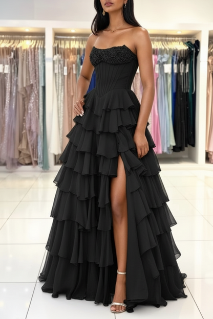 Strapless Sweetheart Corset Aline Evening Dress Chiffon Side Split Prom Dress