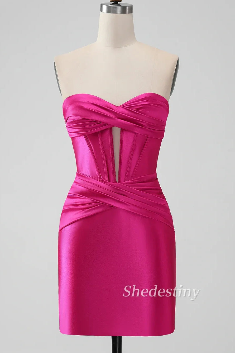 Hot Pink Strapless Keyhole Ruched Mini Homecoming Dress
