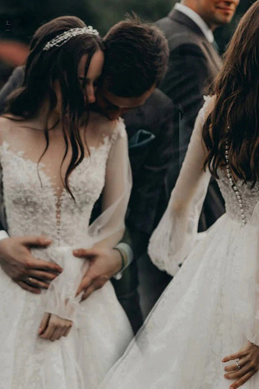 Stunning A-line Tulle Long Sleeves Lace Wedding Dress