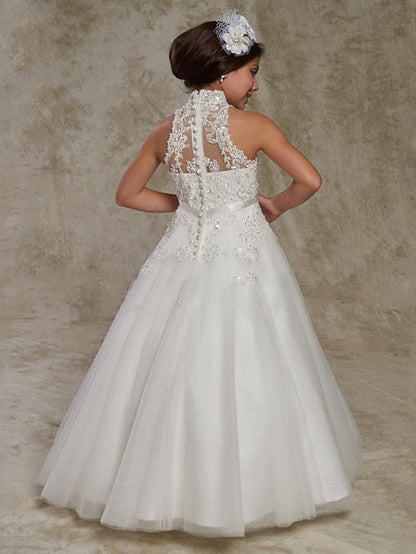 Stunning Ball Gown Sleeveless High Neck Flower Girl Dresses with Lace Beading Appliques