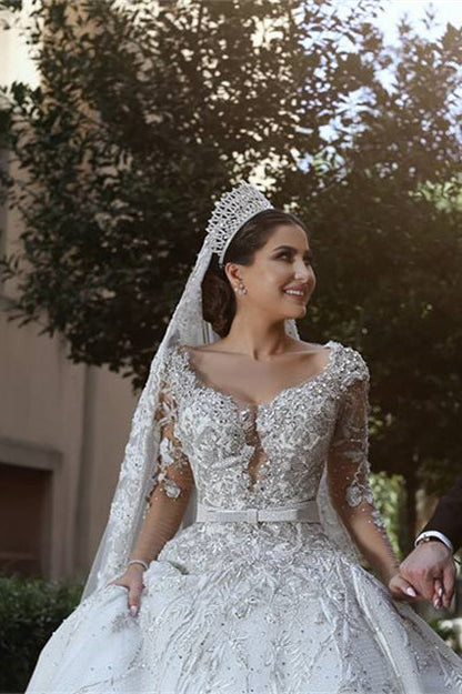 Stunning Long Sleeves Ball Gown Wedding Dress With Beads Lace Appliques