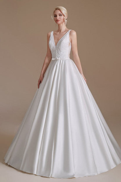 Stunning Long V-Neck Wedding Dress with Lace Appliques