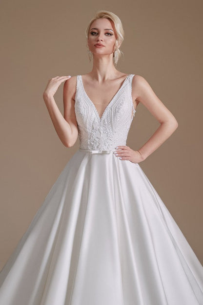 Stunning Long V-Neck Wedding Dress with Lace Appliques