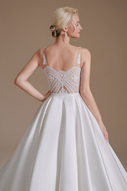 Stunning Long V-Neck Wedding Dress with Lace Appliques