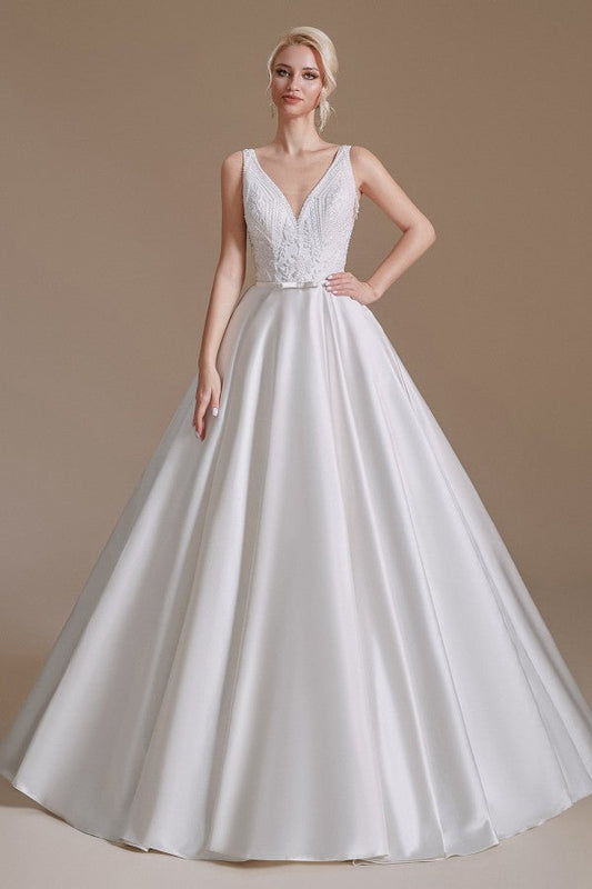 Stunning Long V-Neck Wedding Dress with Lace Appliques
