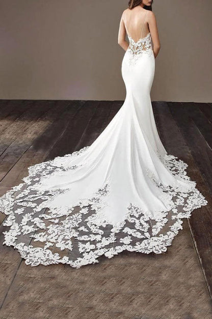 Stunning Spaghetti Straps Wedding Dress | Mermaid Chiffon Lace Bridal Dress