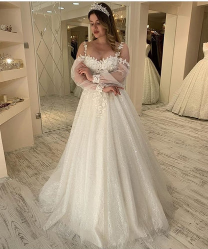 Stunning Sweetheart Spaghetti-Straps Long Wedding Dress With Sleeves