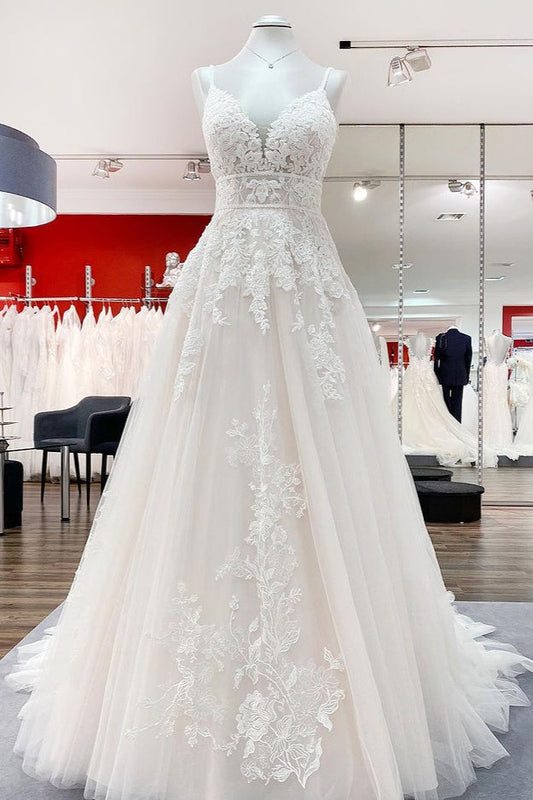 Stunning Tulle A-line V-neck Wedding Dress with Ruffles and Lace Appliques