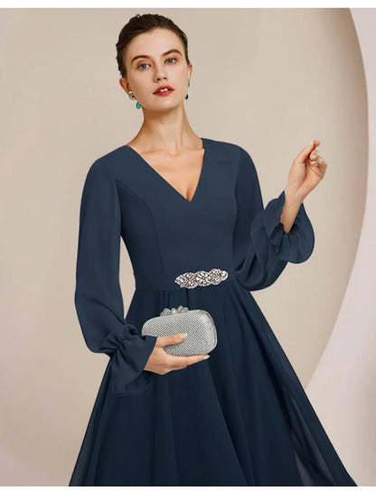 Aimishang  A-Line Mother of the Bride Dress Formal Wedding Guest Elegant High Low Scoop Neck V Neck Asymmetrical Tea Length Chiffon Long Sleeve with Crystal Brooch