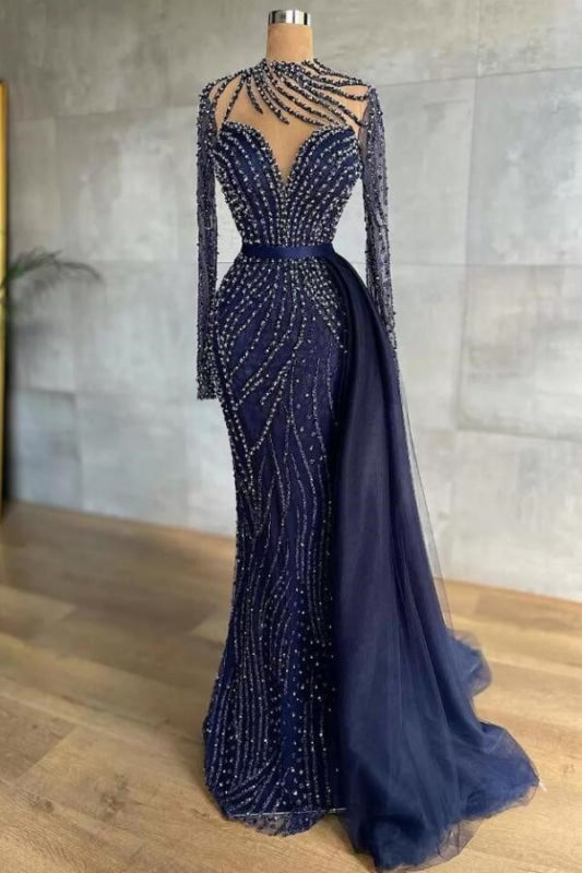 Stylish Navy Mermaid Evening Dress with Detachable Tail Crystals Beads Prom Dress High Neck