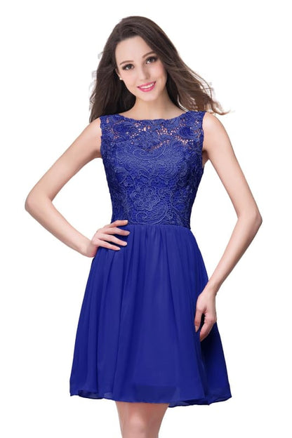 Stylish Scoop Neck Chiffon Short Homecoming Dress Sleeveless Floral Lace Mini Party Dress