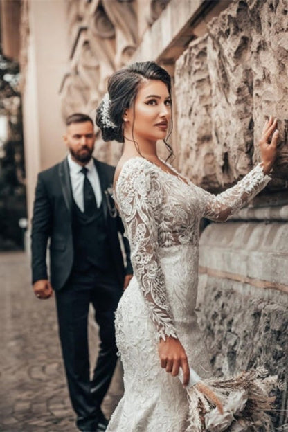 Stylish White Floral Lace Mermaid Bridal Dresses Long Sleeves V-Neck Spring Wedding Dress