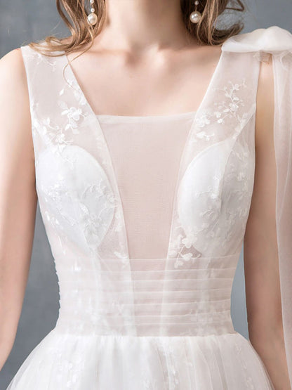 Summer Wedding Dresses Boho Beach A Line Lace Applique Tulle Bridal Gown With Train