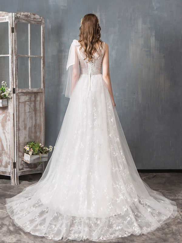 Summer Wedding Dresses Boho Beach A Line Lace Applique Tulle Bridal Gown With Train