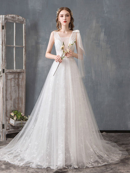 Summer Wedding Dresses Boho Beach A Line Lace Applique Tulle Bridal Gown With Train