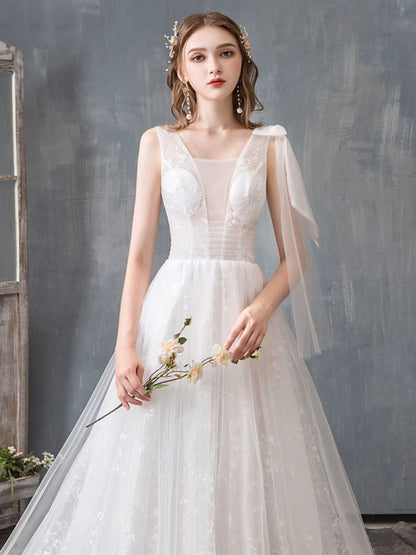 Summer Wedding Dresses Boho Beach A Line Lace Applique Tulle Bridal Gown With Train