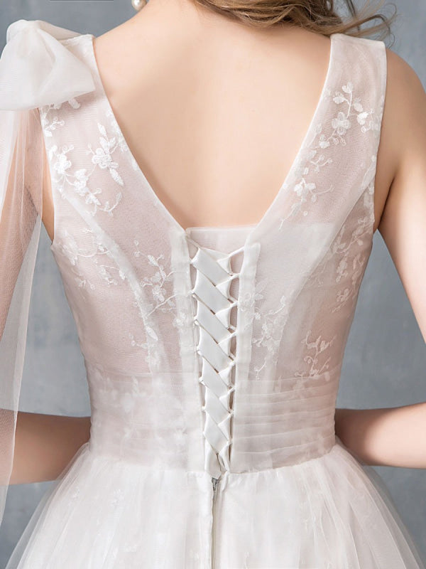 Summer Wedding Dresses Boho Beach A Line Lace Applique Tulle Bridal Gown With Train
