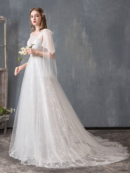 Summer Wedding Dresses Boho Beach A Line Lace Applique Tulle Bridal Gown With Train