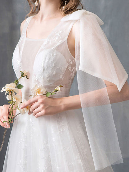 Summer Wedding Dresses Boho Beach A Line Lace Applique Tulle Bridal Gown With Train