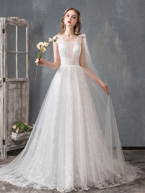 Summer Wedding Dresses Boho Beach A Line Lace Applique Tulle Bridal Gown With Train