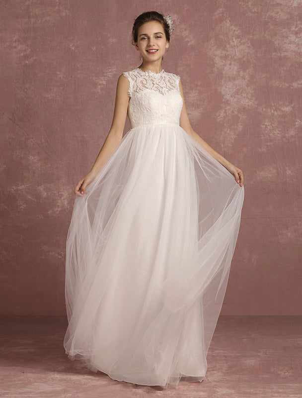 Summer Wedding Dresses Lace Bridal Gown Illusion Sleeveless A Line Bridal Dress