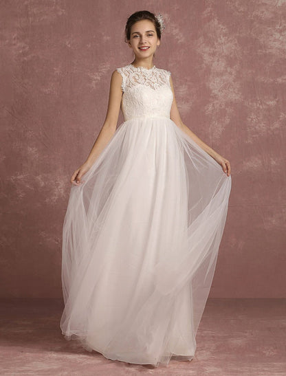 Summer Wedding Dresses Lace Bridal Gown Illusion Sleeveless A Line Bridal Dress