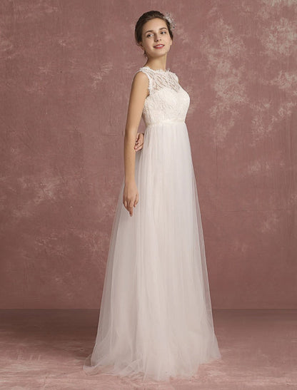 Summer Wedding Dresses Lace Bridal Gown Illusion Sleeveless A Line Bridal Dress