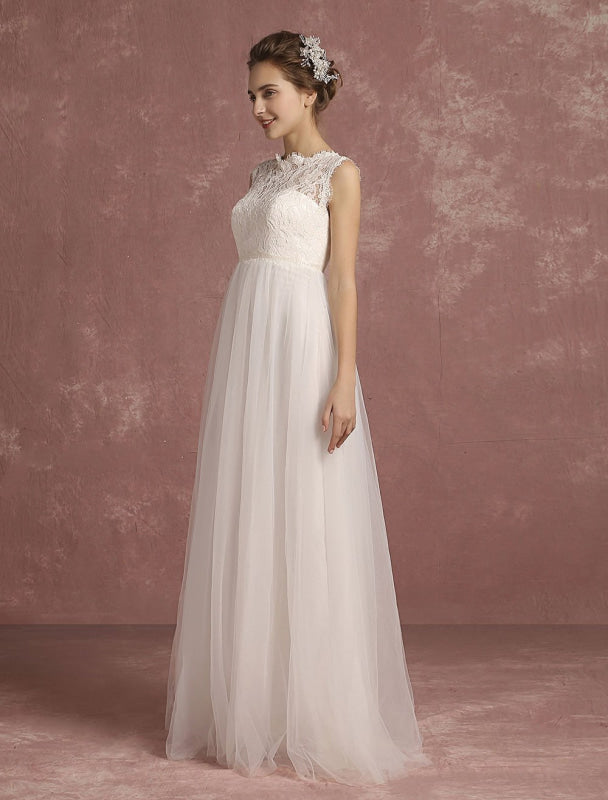 Summer Wedding Dresses Lace Bridal Gown Illusion Sleeveless A Line Bridal Dress