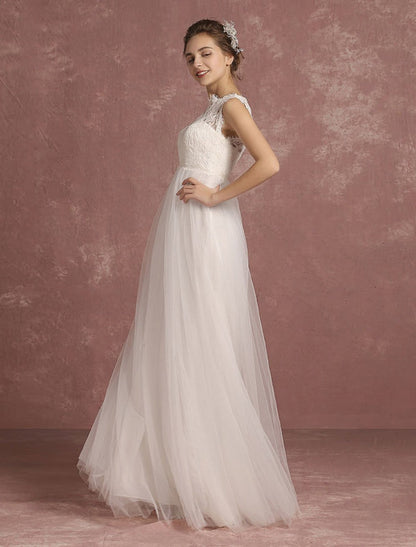 Summer Wedding Dresses Lace Bridal Gown Illusion Sleeveless A Line Bridal Dress