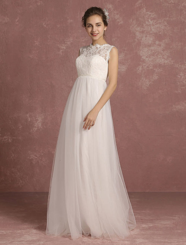 Summer Wedding Dresses Lace Bridal Gown Illusion Sleeveless A Line Bridal Dress
