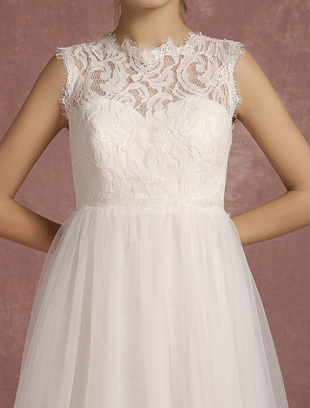 Summer Wedding Dresses Lace Bridal Gown Illusion Sleeveless A Line Bridal Dress