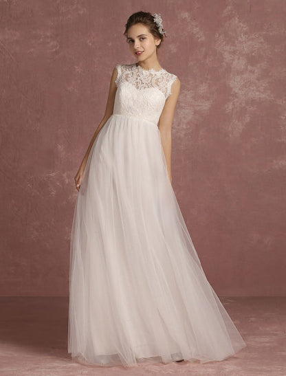 Summer Wedding Dresses Lace Bridal Gown Illusion Sleeveless A Line Bridal Dress