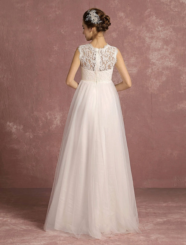 Summer Wedding Dresses Lace Bridal Gown Illusion Sleeveless A Line Bridal Dress