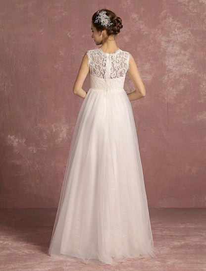 Summer Wedding Dresses Lace Bridal Gown Illusion Sleeveless A Line Bridal Dress