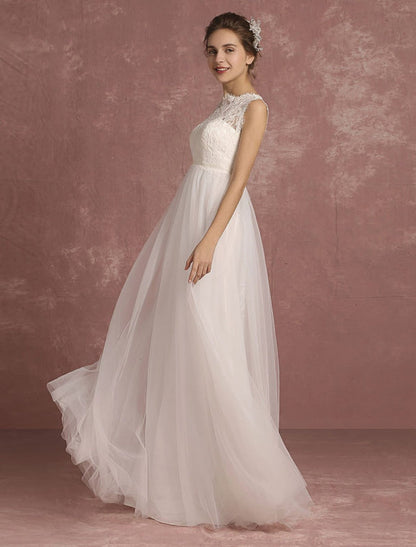 Summer Wedding Dresses Lace Bridal Gown Illusion Sleeveless A Line Bridal Dress