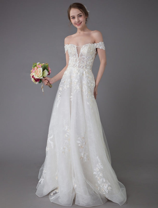 Summer Wedding Dresses Off The Shoulder Lace Champagne Applique Beaded Maxi Beach Bridal Gowns