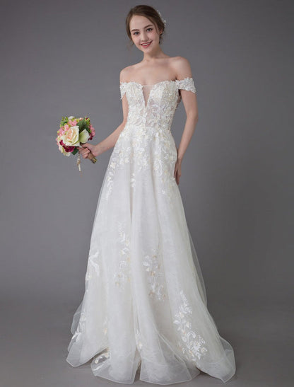 Summer Wedding Dresses Off The Shoulder Lace Champagne Applique Beaded Maxi Beach Bridal Gowns